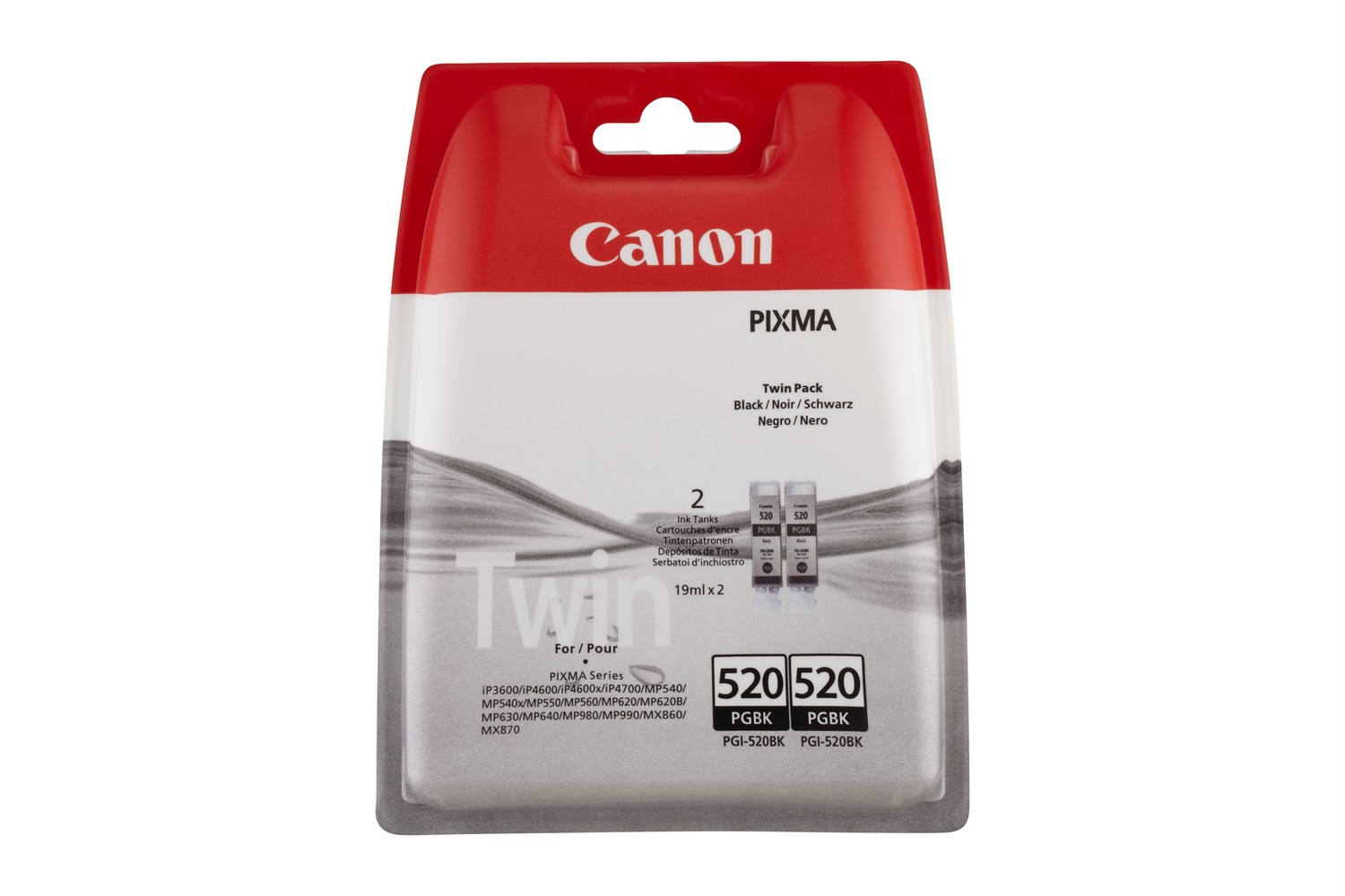 Canon Cartuccia d'inchiostro nero PGI-520BK (confezione doppia) - Inchiostro a base di pigmento, 2 pz, Compatibile con Canon PIXMA iP3600, MP540, MP620, MP630, MP980, MX860