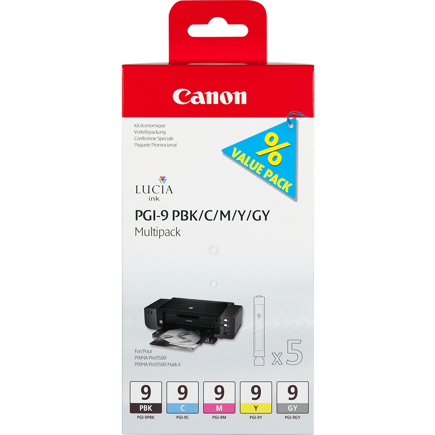 Canon PGI-9 Multipack 5 Cartucce d'Inchiostro Nero/Ciano/Magenta/Giallo/Grigio - Standard