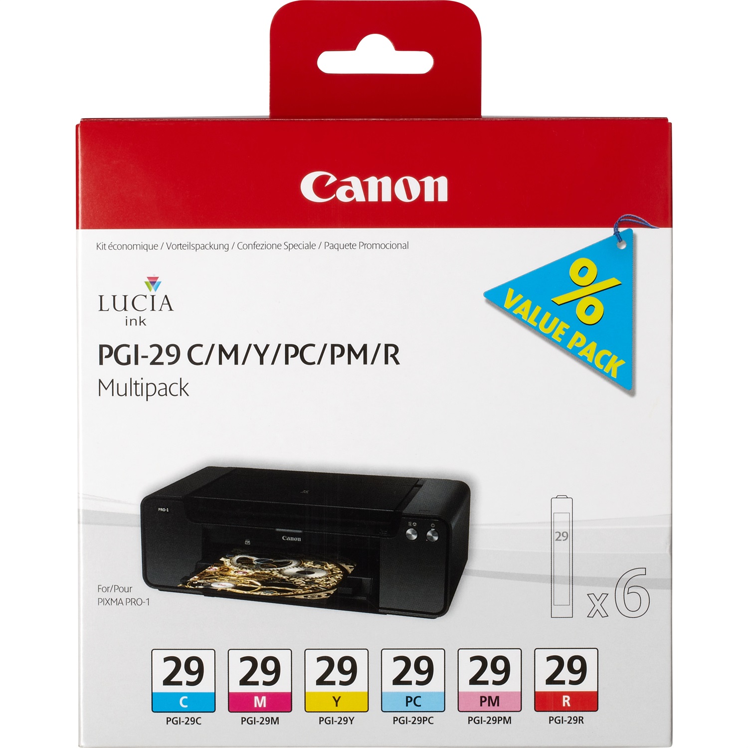Canon PGI-29 Multipack 6 Cartucce d'Inchiostro C/M/Y/PC/PM/R per Pixma Pro 1 - Inchiostro Pigmentato