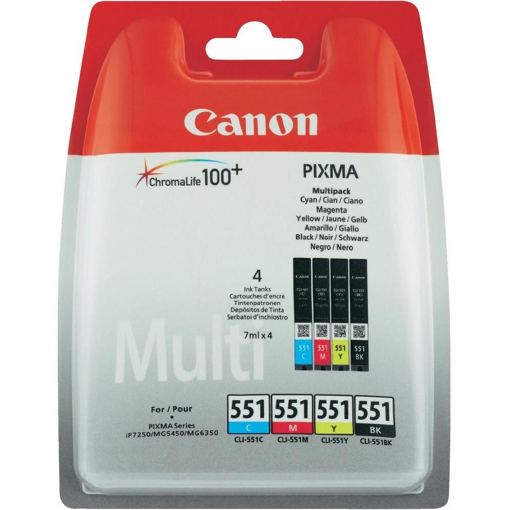 Canon CLI-551 Multipack Cartucce d'Inchiostro Originali - 4 Pezzi (Nero, Ciano, Magenta, Giallo) - Capacità 4 ml