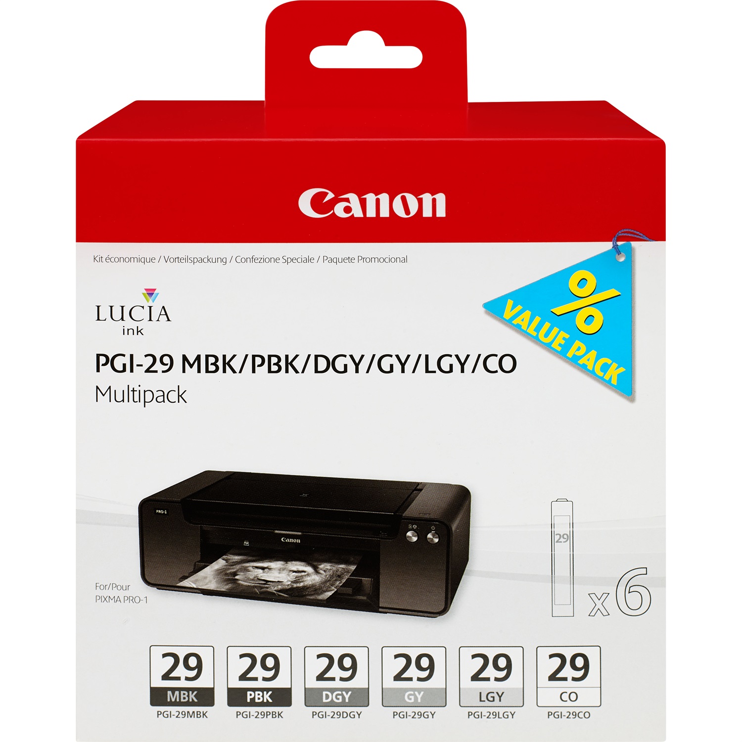 Canon PGI-29 Multipack 6 Cartucce d'Inchiostro 36ml - Nero Opaco, Nero Fotografico, Grigio Scuro, Grigio, Grigio Chiaro, Colore