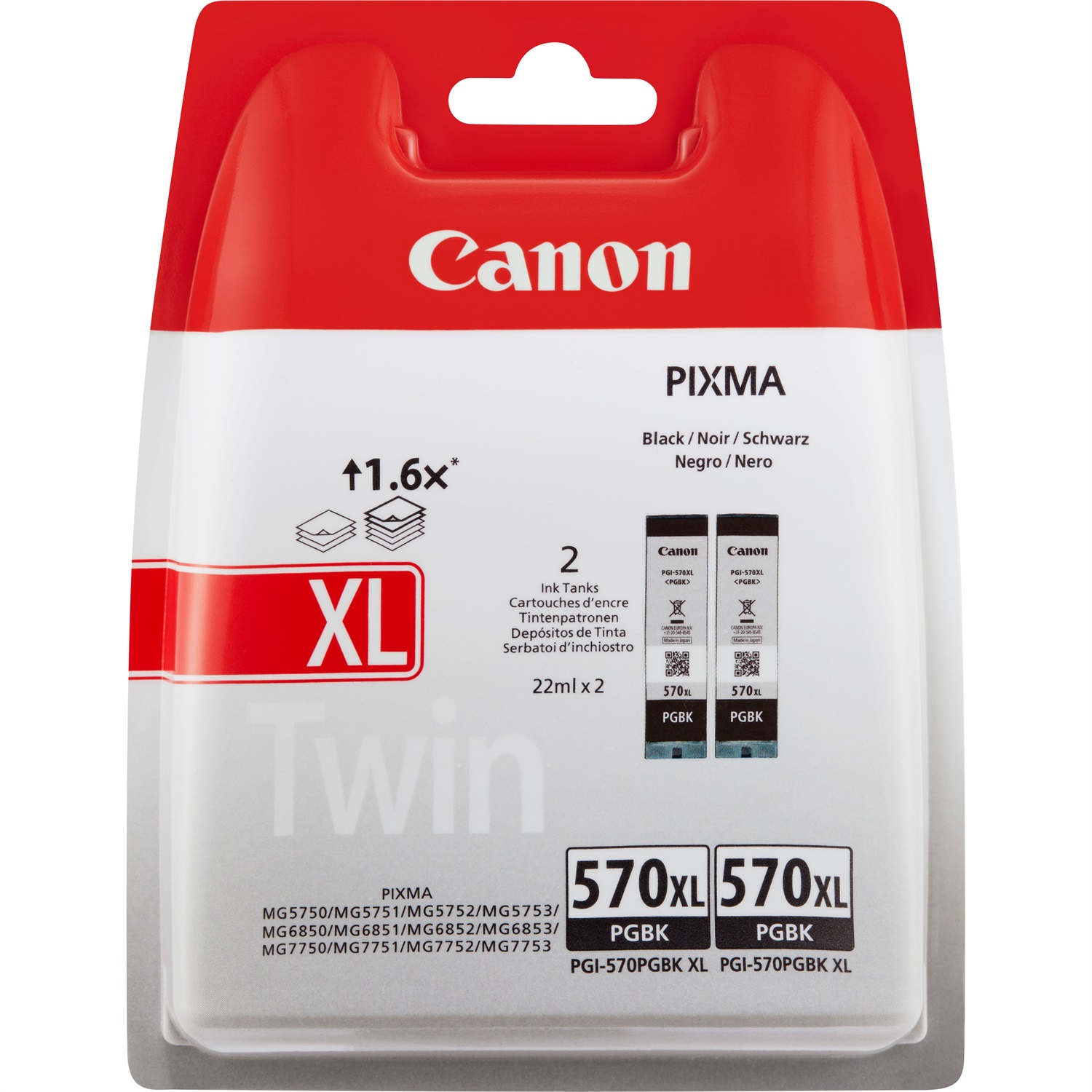Canon Cartuccia d'inchiostro nero PGI-570BK XL originale - Confezione doppia da 2 cartucce da 22 ml, fino a 1000 pagine totali