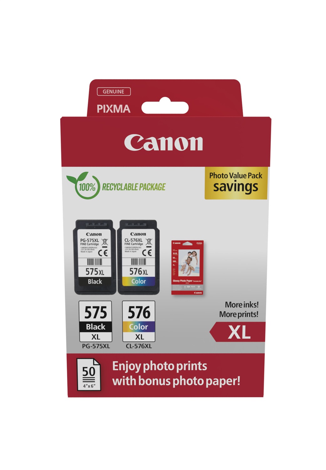 Canon 5437C006 Cartuccia d'Inchiostro 2 pz Originale Resa Elevata (XL) Nero, Ciano, Magenta, Giallo con Fotopapier 10x15 cm - Compatibile con Pixma TR 4750 i, TR 4751 i, TS 3500 Series