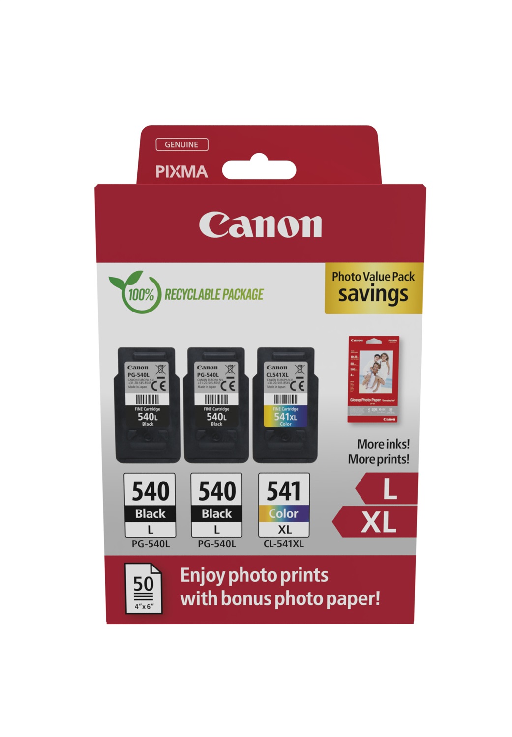 Canon 5224B015 Cartuccia d'Inchiostro Originale - 3 pz (2 Nero, 1 Ciano, Magenta, Giallo) 50 Fogli di Carta Fotografica 10x15 cm