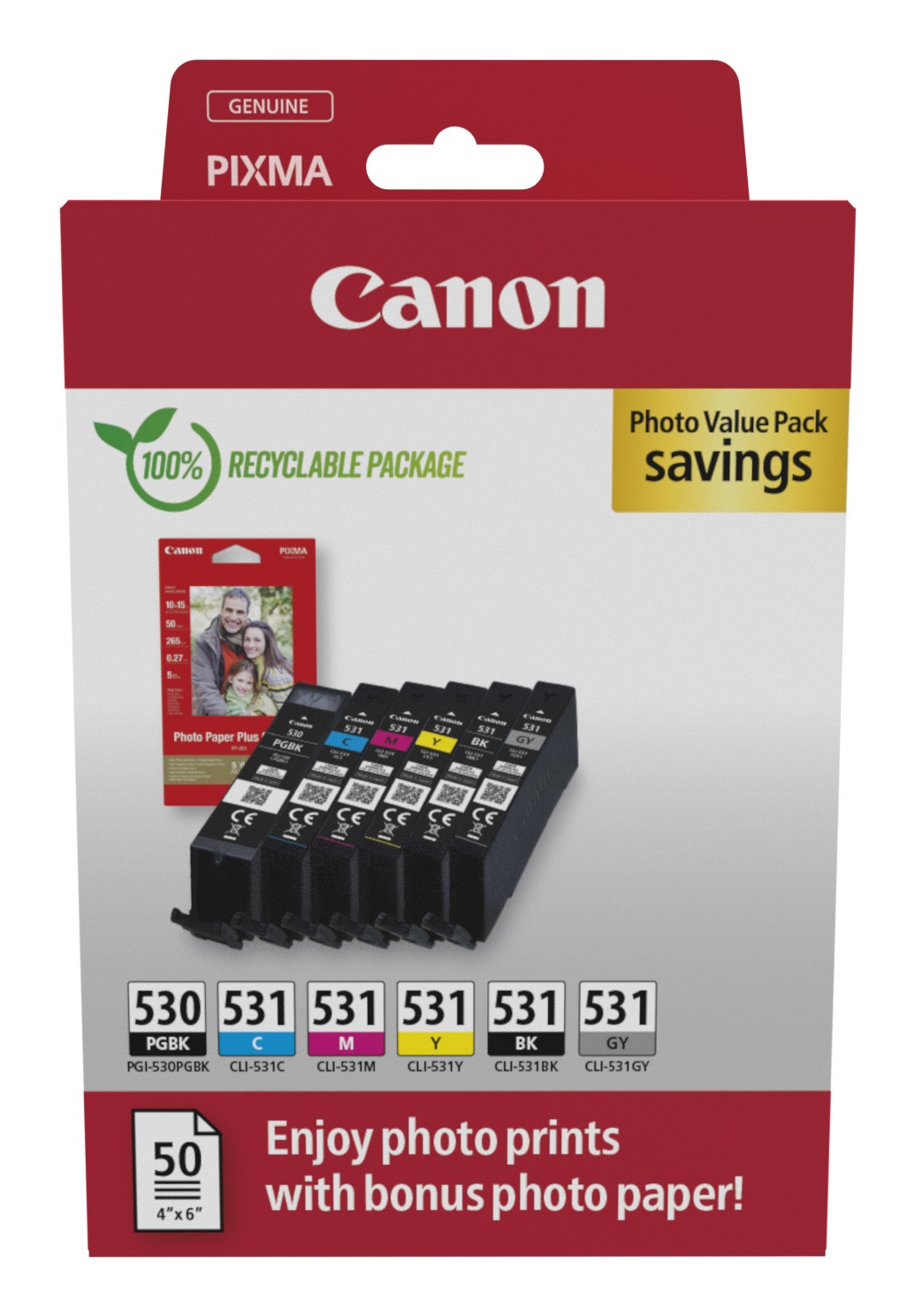 Canon PGI-530/CLI-531 Value Pack Cartuccia d'Inchiostro 6 pz Originale - Nero, Ciano, Grigio, Magenta, Nero per Foto, Giallo - ~2705 Pagine
