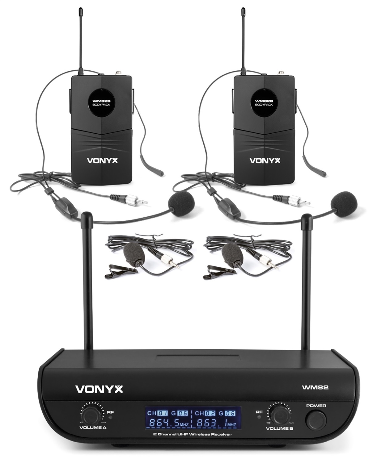Vonyx WM82B - Sistema Radiomicrofono Digitale UHF a 2 Canali con 2 Microfoni Headset e Trasmettitore Tascabile, Fino a 50 m di Copertura, Valigia di Trasporto