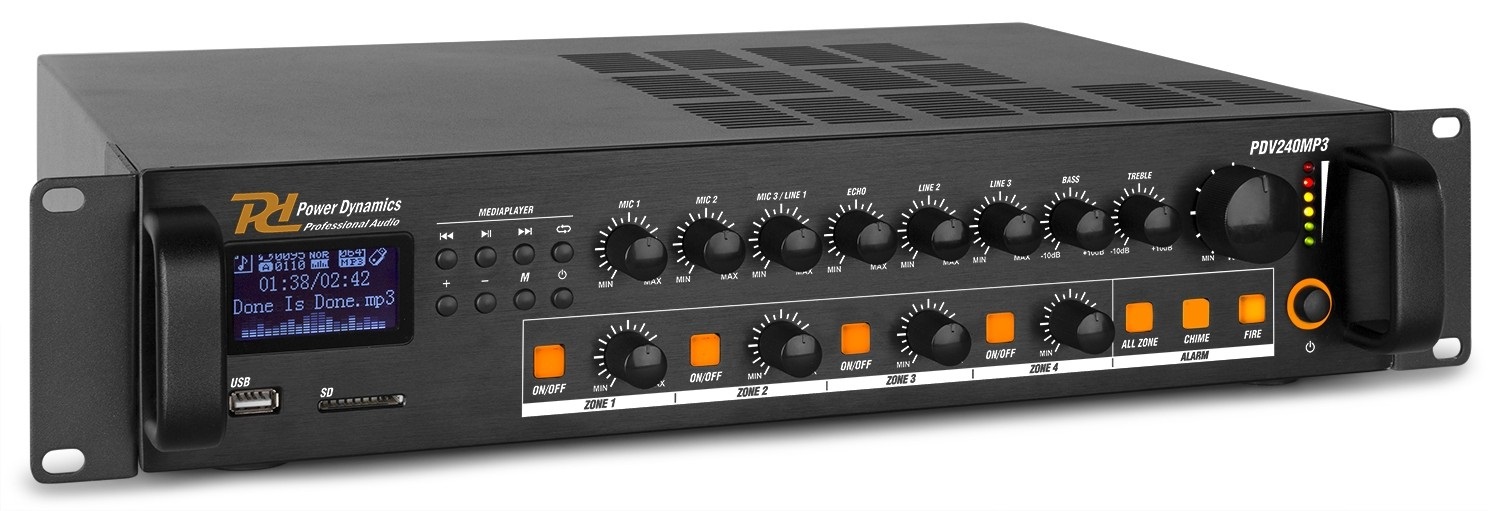 Power Dynamics PDV240MP3 Amplificatore Audio 240W 4 Zone 100V con Bluetooth, USB, SD Card e Radio FM