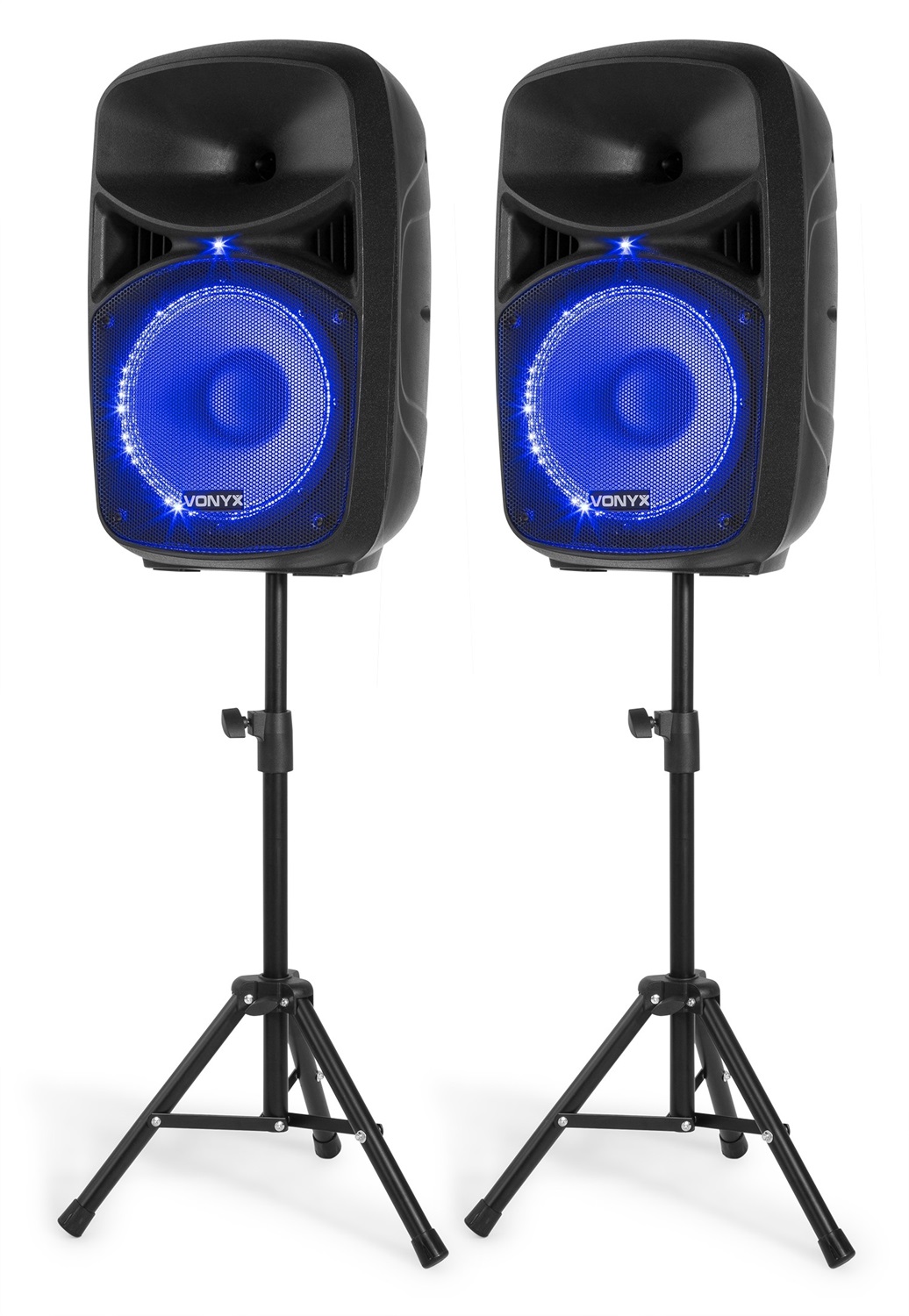 Vonyx VPS102A Impianto Audio Completo 600W con Casse Amplificate 10'' Bluetooth, Microfono, Stativi e Telecomando