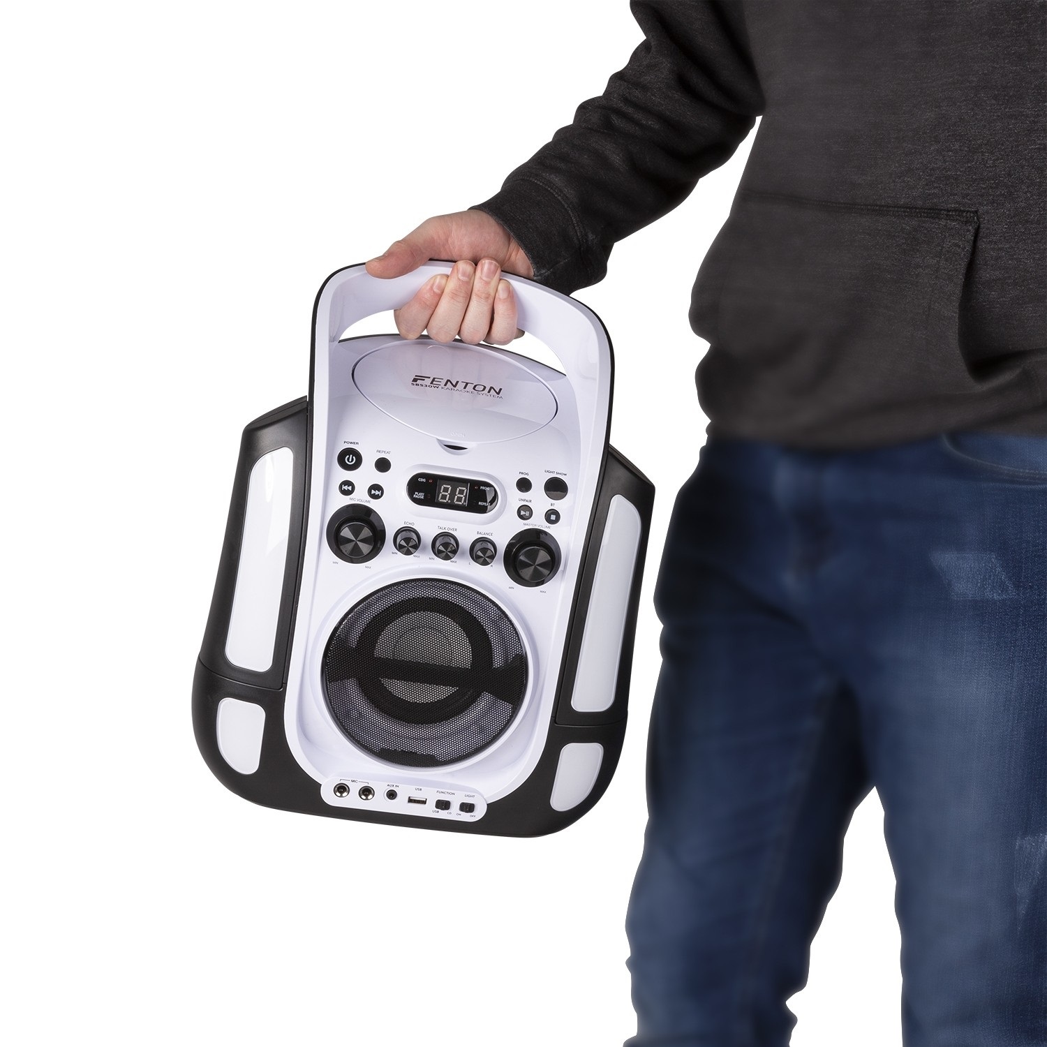 Fenton SBS30W - Sistema Karaoke Portatile con CD, Bluetooth, Due Microfoni e Luci LED