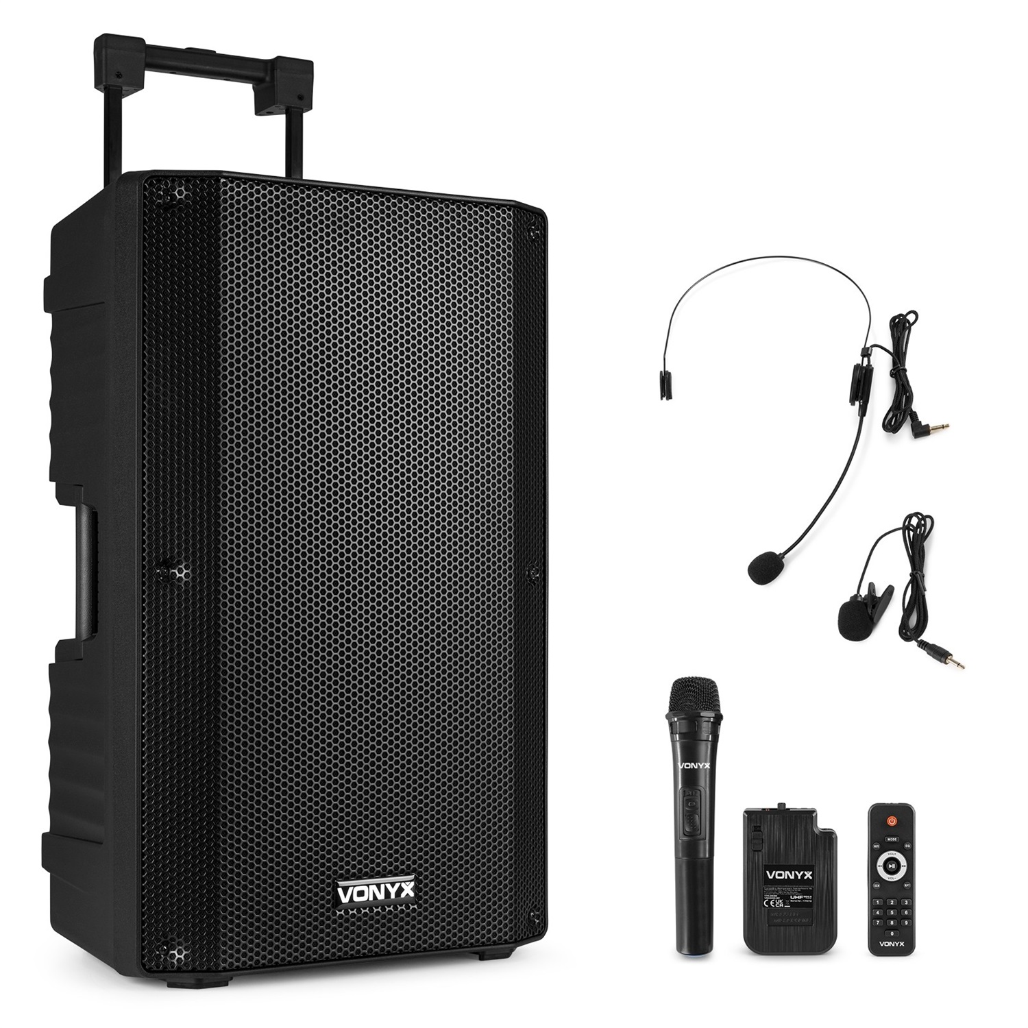 Vonyx Sistema Audio Portatile 15'' con 2 Microfoni Wireless UHF e Batteria Ricaricabile