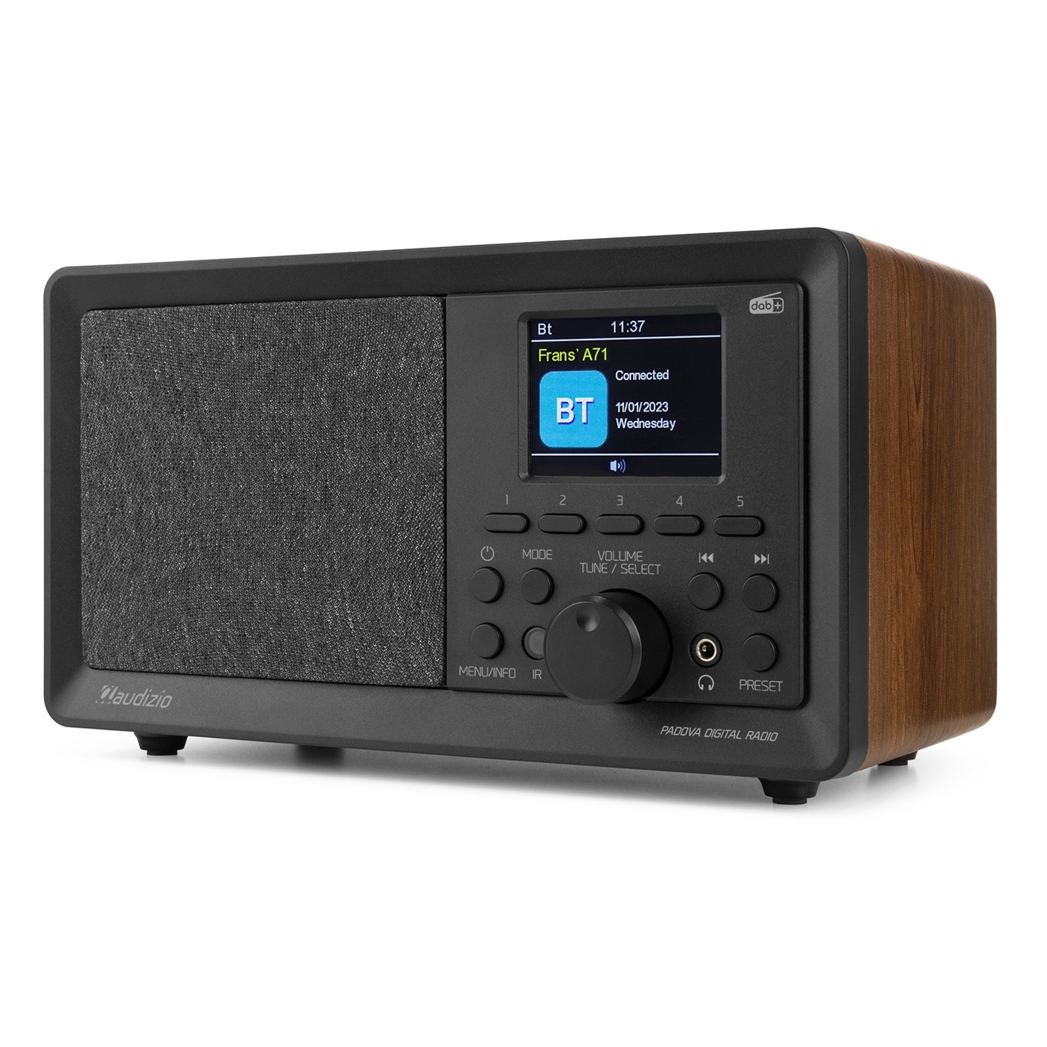 Audizio Padova Radio DAB con Bluetooth, FM, Display TFT a Colori, 60 Preset, 40 Watt, USB e Lettore MP3 in Legno Marrone