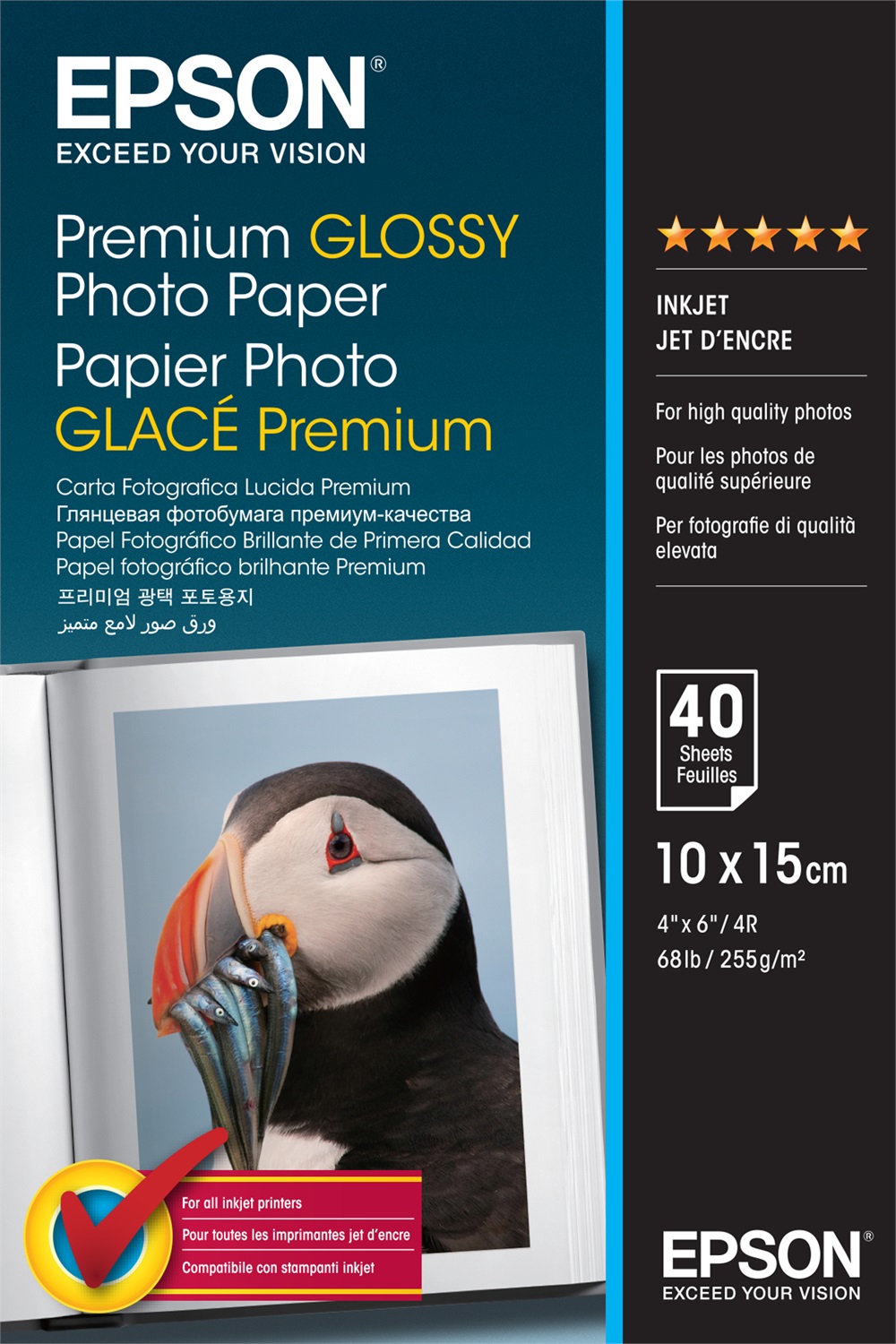 Epson Premium Glossy Photo Paper - 10x15cm - 40 Fogli - Lucida Premium - 255 g/m² - Bianco