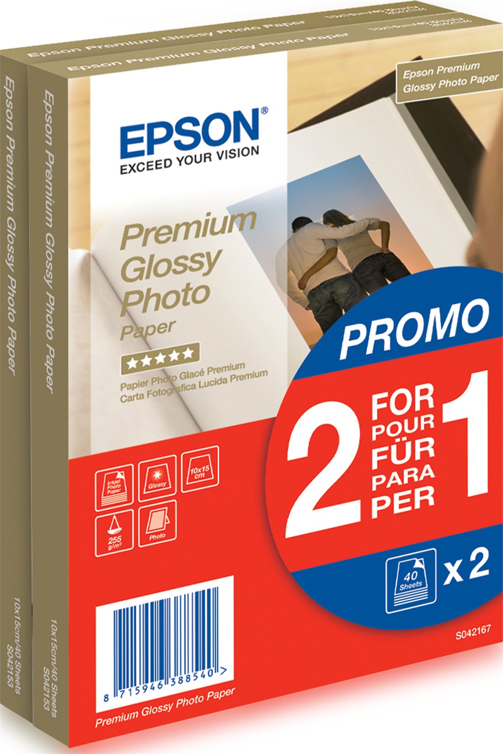 Epson Premium Glossy Photo Paper - 10x15cm - 2x40 Fogli - Lucida Premium, 255 g/m², Bianco