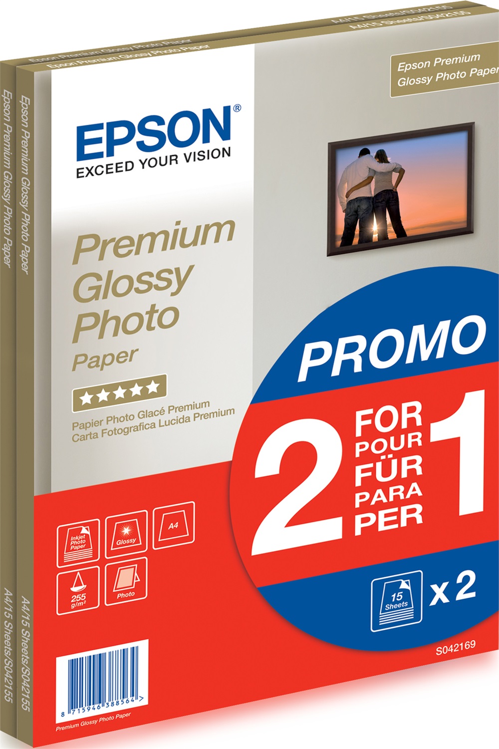 Epson Premium Glossy Photo Paper - A4 - 2x 15 Fogli - Lucida Premium, 255 g/m², 30 Fogli Totali