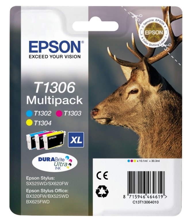 Epson T1306 Cartuccia Inkjet MultiPack 3 Colori (Ciano, Magenta, Giallo) - 3x10.1ml per Stylus BX 320/SX 525/WF 3500
