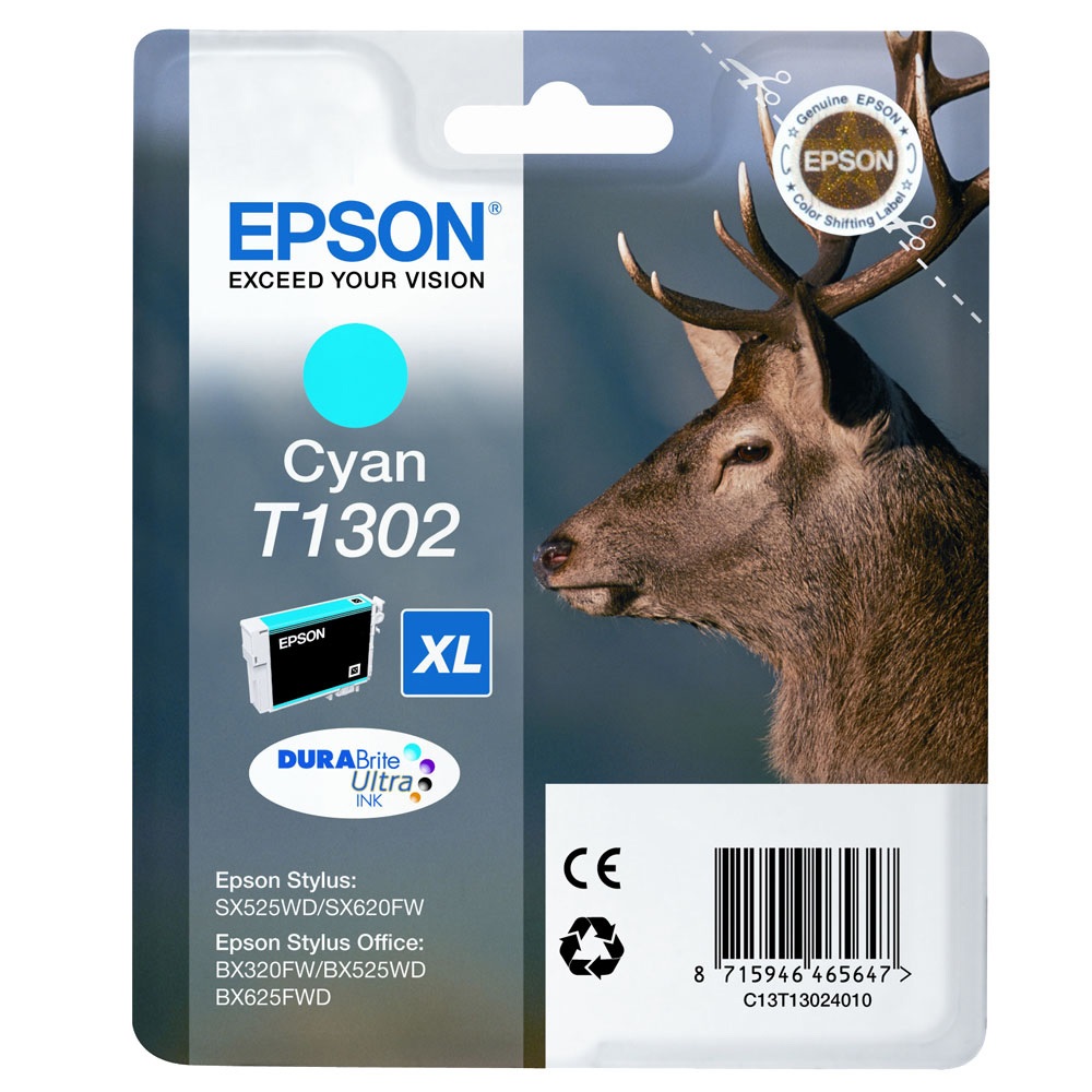 Epson Cartuccia d'Inchiostro Ciano T1302 XL - 10,1 ml, Resa Fino a 765 Pagine, Compatibile con Stylus SX525WD, SX535WD, SX620FW e Altri Modelli