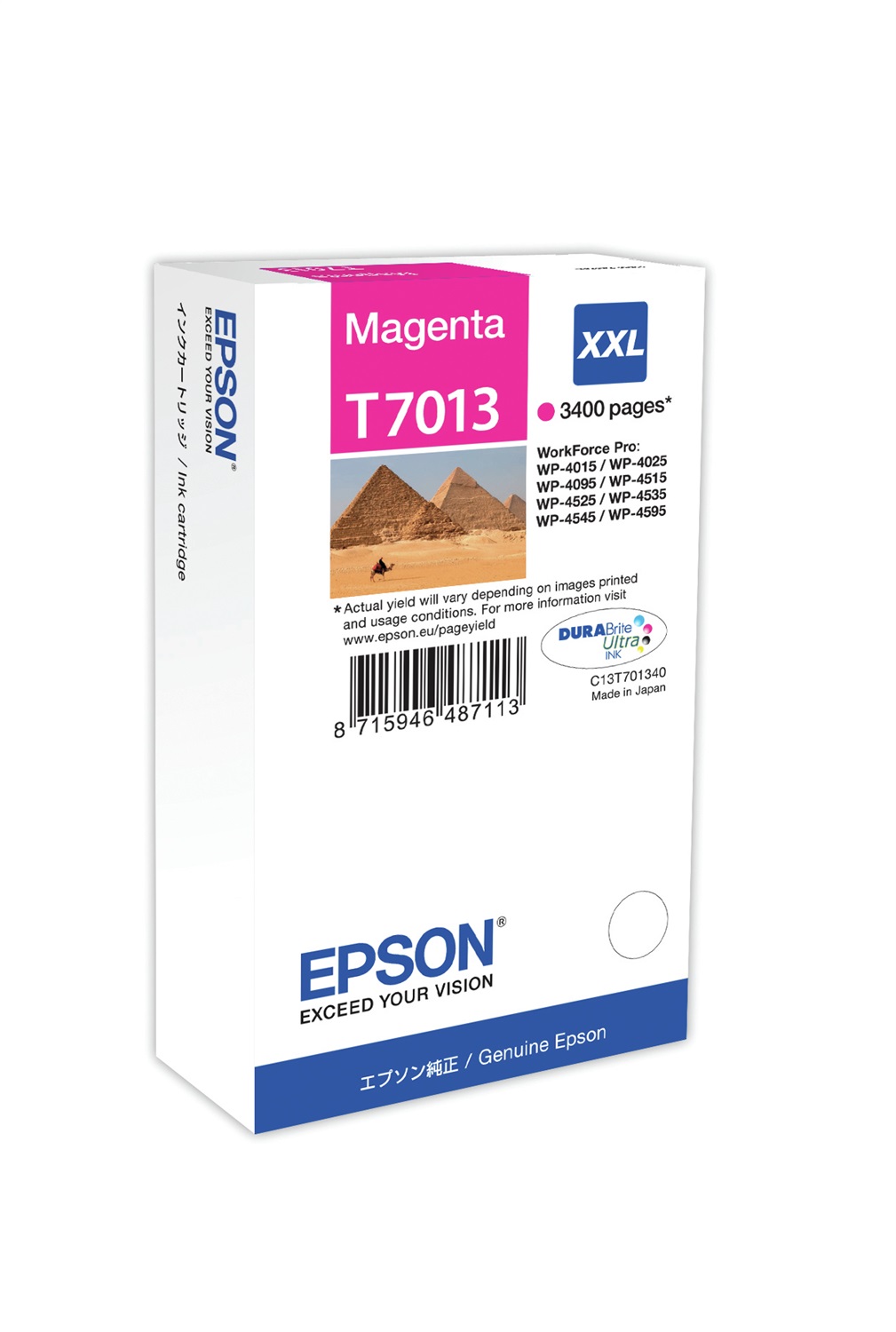 Epson T7013 Cartuccia Magenta Originale C13T70134010 XXL - 34,2 ml, Inchiostro a base di pigmento, ~3400 pagine