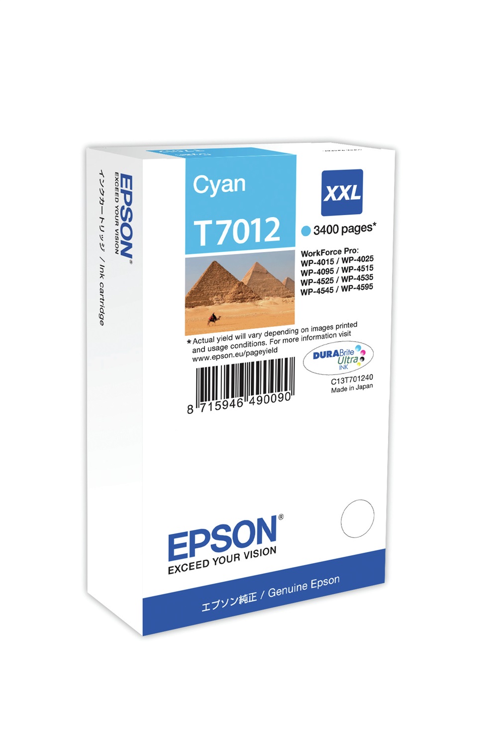 Epson Cartuccia d'Inchiostro Ciano C13T70124010 T7012 XXL - 34,2 ml, ~3400 Pagine, Compatibile con WorkForce Pro