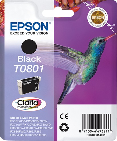 Epson T0801 Cartuccia Nero C13T08014011 - Inchiostro a base di pigmento, 7,4 ml, Compatibile con Stylus Photo P50, R265, R360 e altri modelli