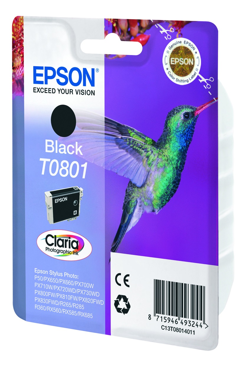 Epson T0801 Cartuccia Nero C13T08014011 - Inchiostro a base di pigmento, 7,4 ml, Compatibile con Stylus Photo P50, R265, R360 e altri modelli