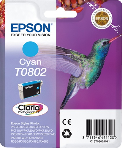 Epson Cartuccia Originale Ciano T0802 C13T08024011 - 7,4 ml, Compatibile con Stylus Photo P50, R265, R285, R360 e altri modelli