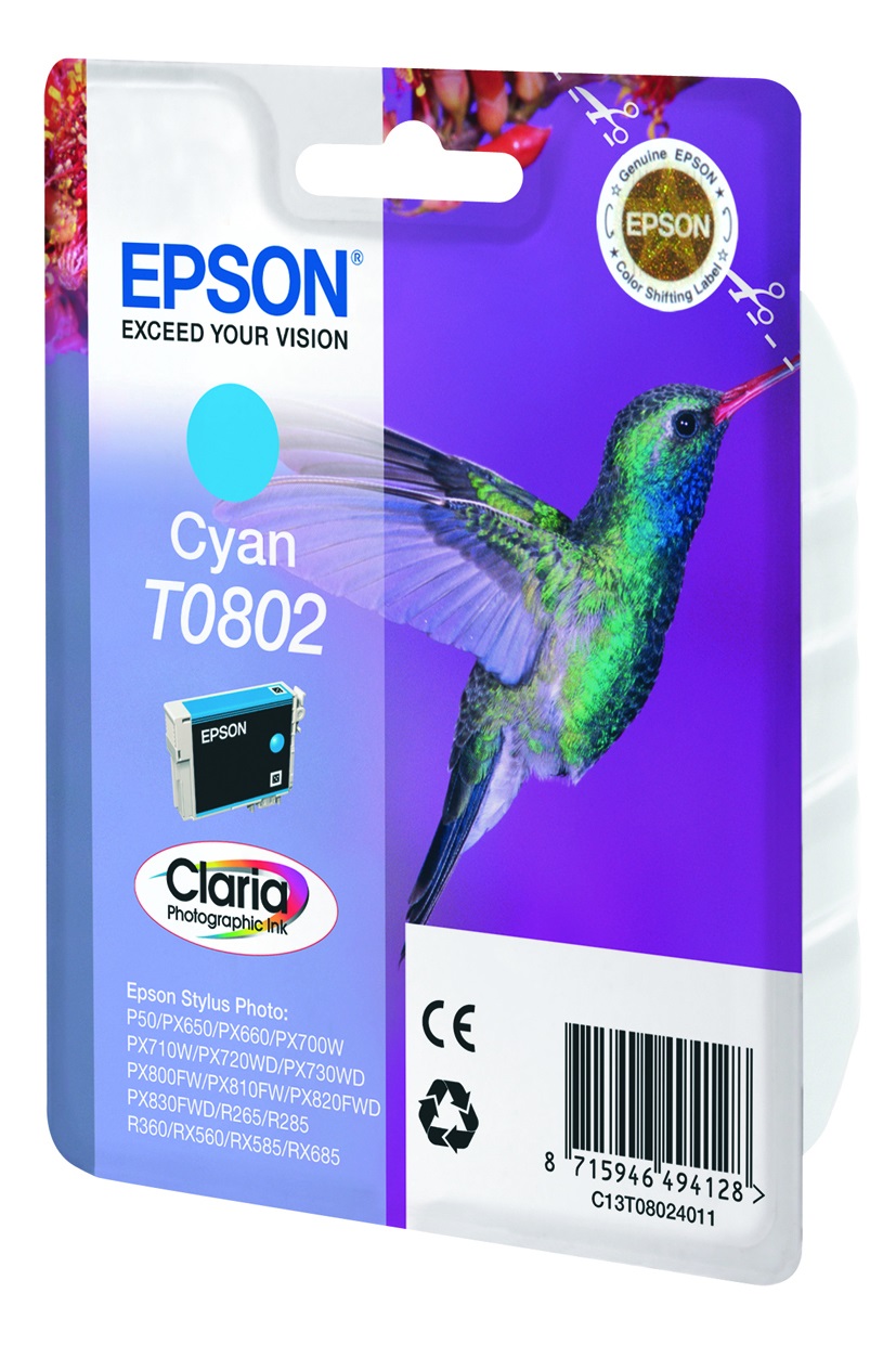 Epson Cartuccia Originale Ciano T0802 C13T08024011 - 7,4 ml, Compatibile con Stylus Photo P50, R265, R285, R360 e altri modelli