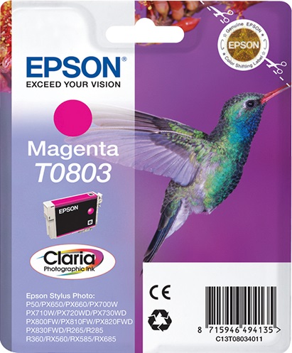 Epson Hummingbird Cartuccia Magenta T0803 - Inchiostro a base di pigmento, 7,4 ml, circa 460 pagine, compatibile con Epson Stylus Photo P50, R265, R360 e altri modelli