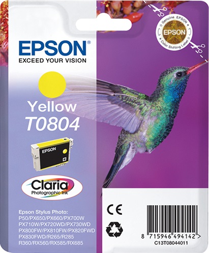 Epson Hummingbird Cartuccia Giallo Originale T0804 - Inchiostro a base di pigmento, 7,4 ml, Compatibile con Stylus Photo P50, R265, R360 e altri modelli