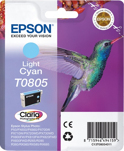 Epson Hummingbird Cartuccia Ciano Chiaro T0805 - Inchiostro a base di pigmento, 7,4 ml, Compatibile con Epson Stylus Photo P50, R265, R360 e altri modelli