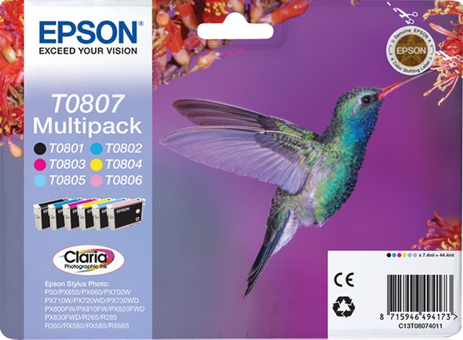 Epson Hummingbird Multipack 6 cartucce Originali - Nero, Ciano, Ciano Chiaro, Magenta, Magenta Chiaro, Giallo - C13T08074011
