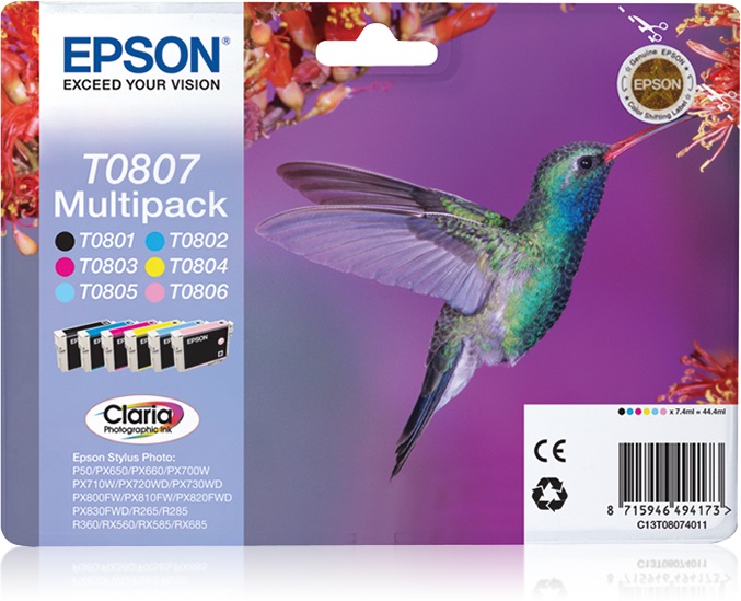 Epson Hummingbird Multipack - Cartucce Inkjet Originali a 6 Colori, Capacità 7,4ml, Fino a 220 Pagine, Compatibile con Epson Stylus Photo