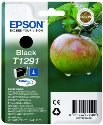 Epson Cartuccia d'Inchiostro Nero C13T12914012 T1291 - 11.2ml, Resa di circa 385 Pagine, Compatibile con Diverse Stampanti Epson