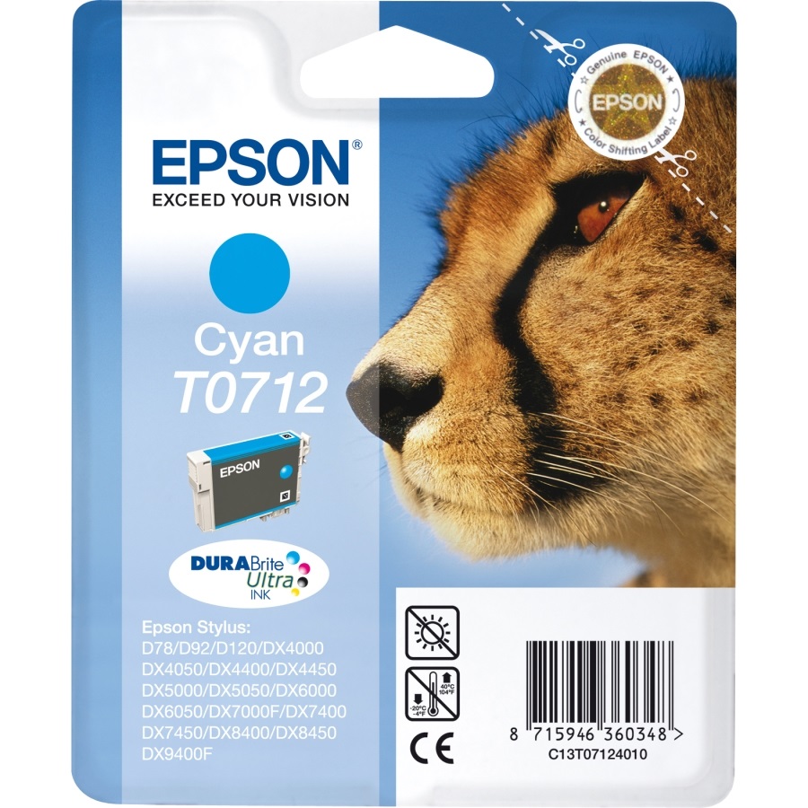 Epson Cheetah Cartuccia d'Inchiostro Ciano C13T07124012 - 5,5ml, circa 345 pagine, compatibile con vari modelli Epson