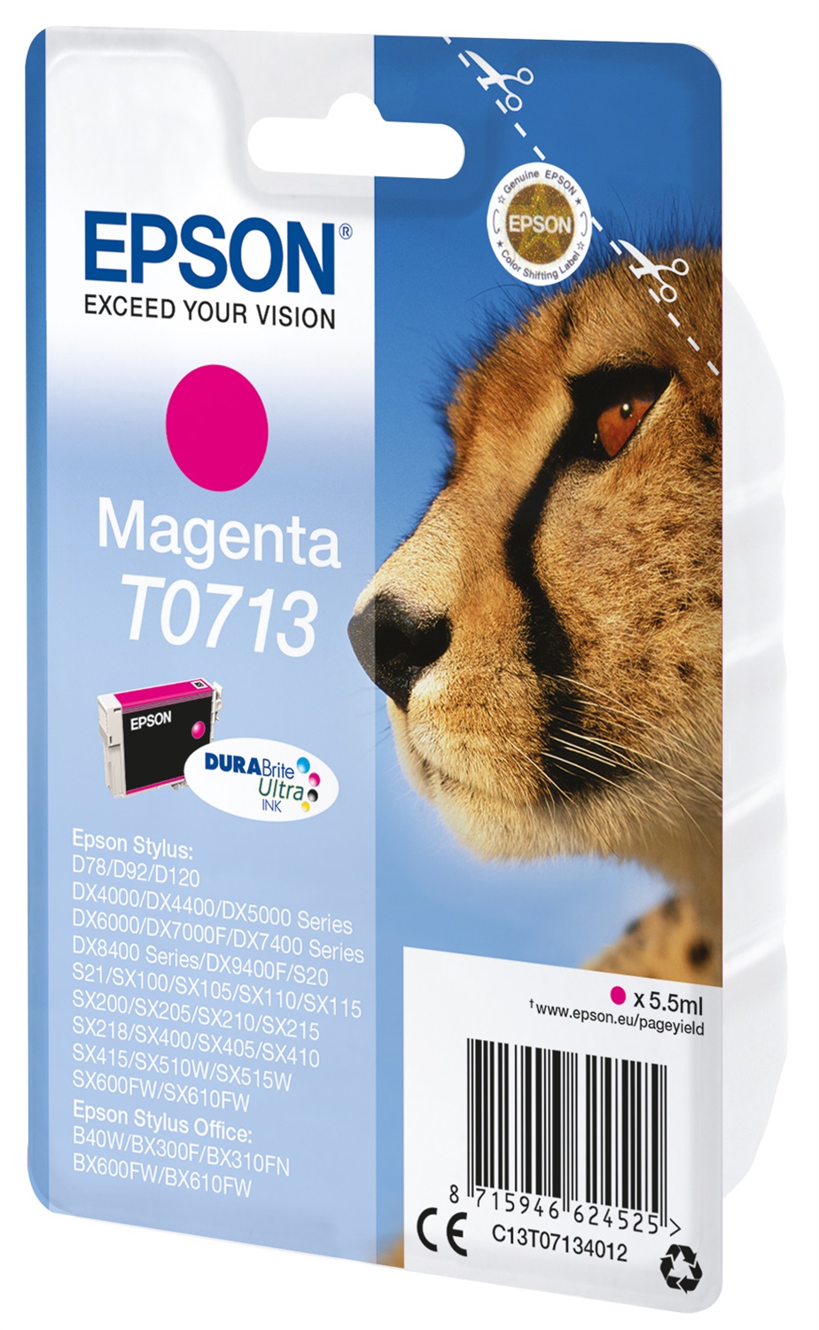 Epson Cartuccia d'Inchiostro Magenta C13T07134012 - 5,5 ml, Resa Standard, ~250 Pagine, Inchiostro a Base di Pigmento