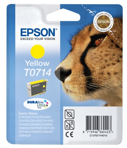 Epson Cartuccia d'Inchiostro Giallo C13T07144012 T0714 - 5,5ml, Inchiostro a Base di Pigmento, Resa Fino a 415 Pagine