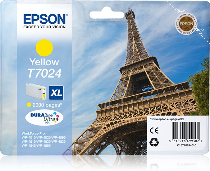 Epson Cartuccia Inkjet Giallo XL C13T70244010 - Alta Capacità, Inchiostro a Base di Pigmento, 21,3 ml, Resa Fino a 2000 Pagine
