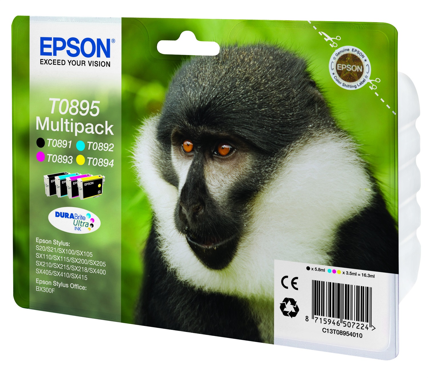 Epson T0895 Multipack 4 Cartucce Inchiostro - Nero, Ciano, Magenta, Giallo (5,8 ml 3x3,5 ml)