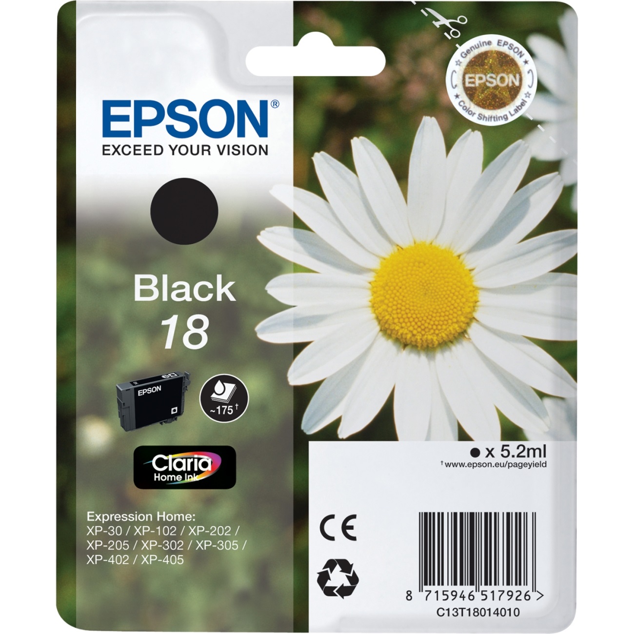 Epson Cartuccia d'Inchiostro Nero C13T18014012 - Resa Standard 175 Pagine, Contenuto 5,2ml, Compatibile con Modelli Expression Home