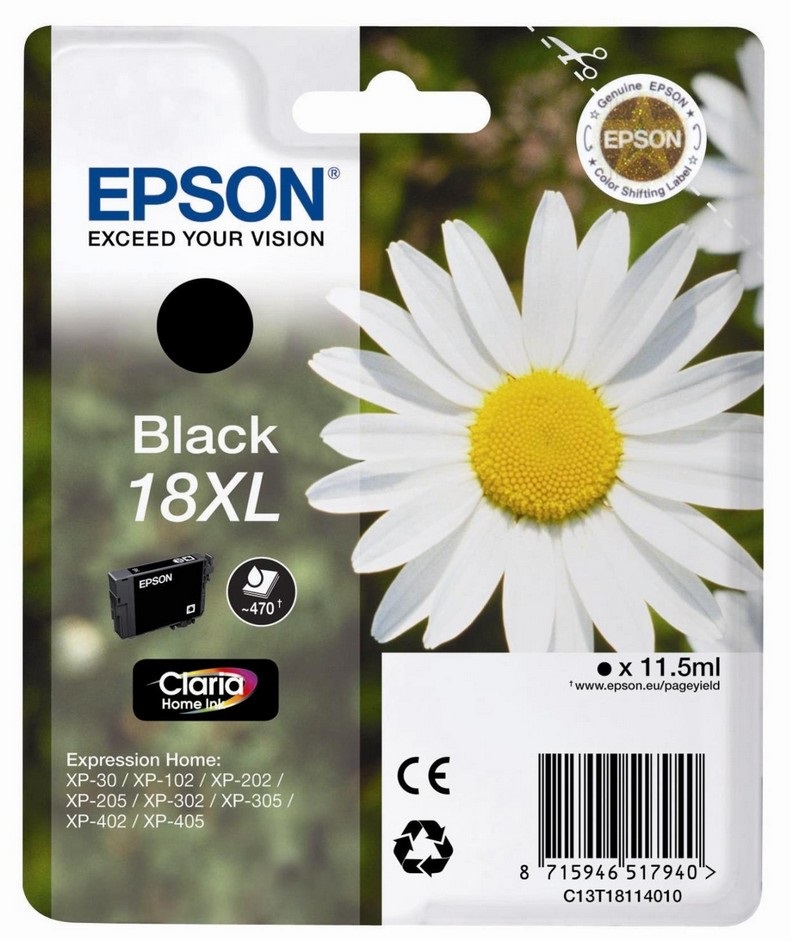 Epson Cartuccia Originale C13T18114020 18 XL Margherita Nero - 470 Pagine per Stampanti Epson Expression Home