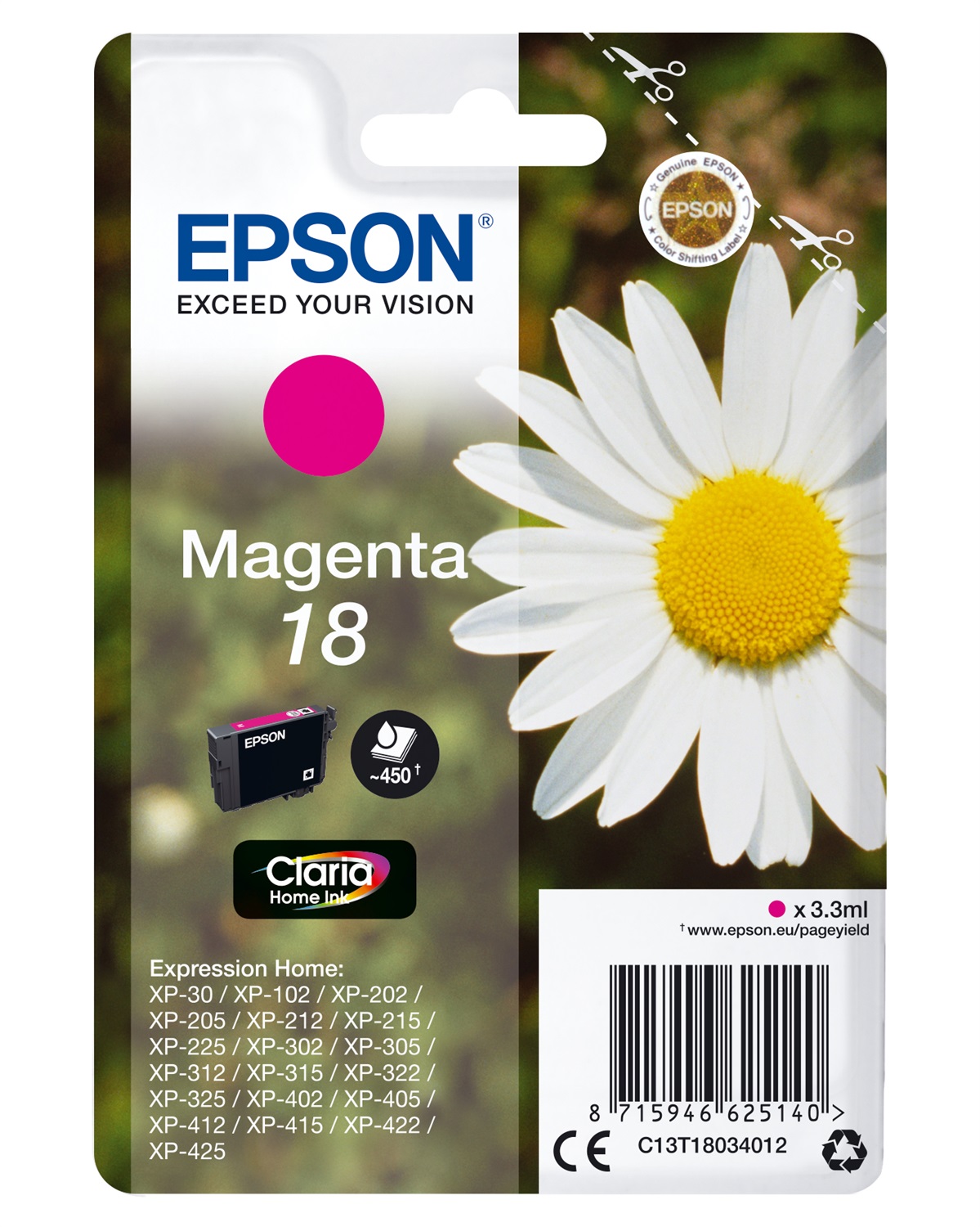 Epson C13T18034012 Cartuccia d'Inchiostro Magenta 180 Pagine 3,3 ml - Compatibile con Expression Home