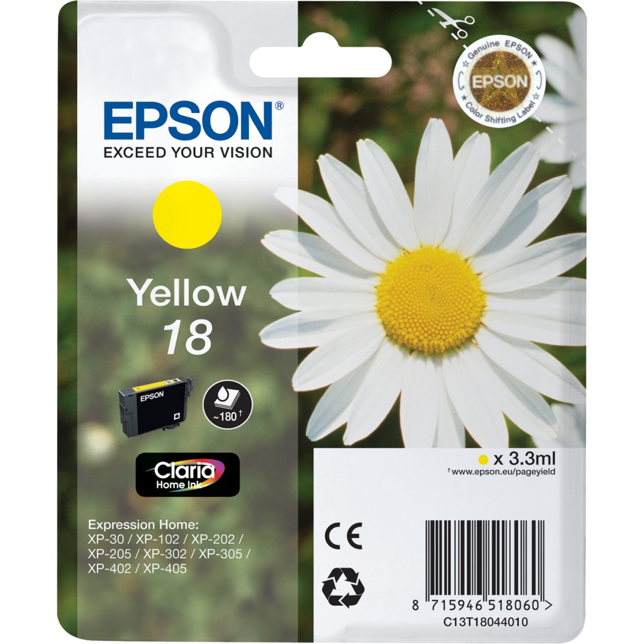 Epson Cartuccia d'Inchiostro Giallo C13T18044012 - 180 Pagine, 3.3ml, Compatibile con Expression Home XP Serie
