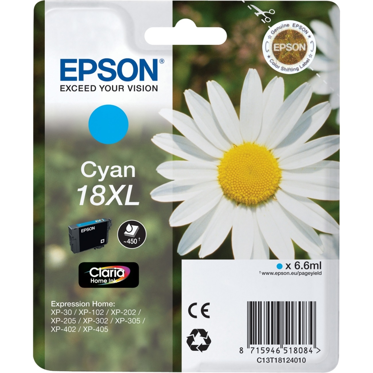 Epson Cartuccia d'Inchiostro Ciano Originale C13T18124012 XL - Fino a 450 Pagine, 6,6 ml