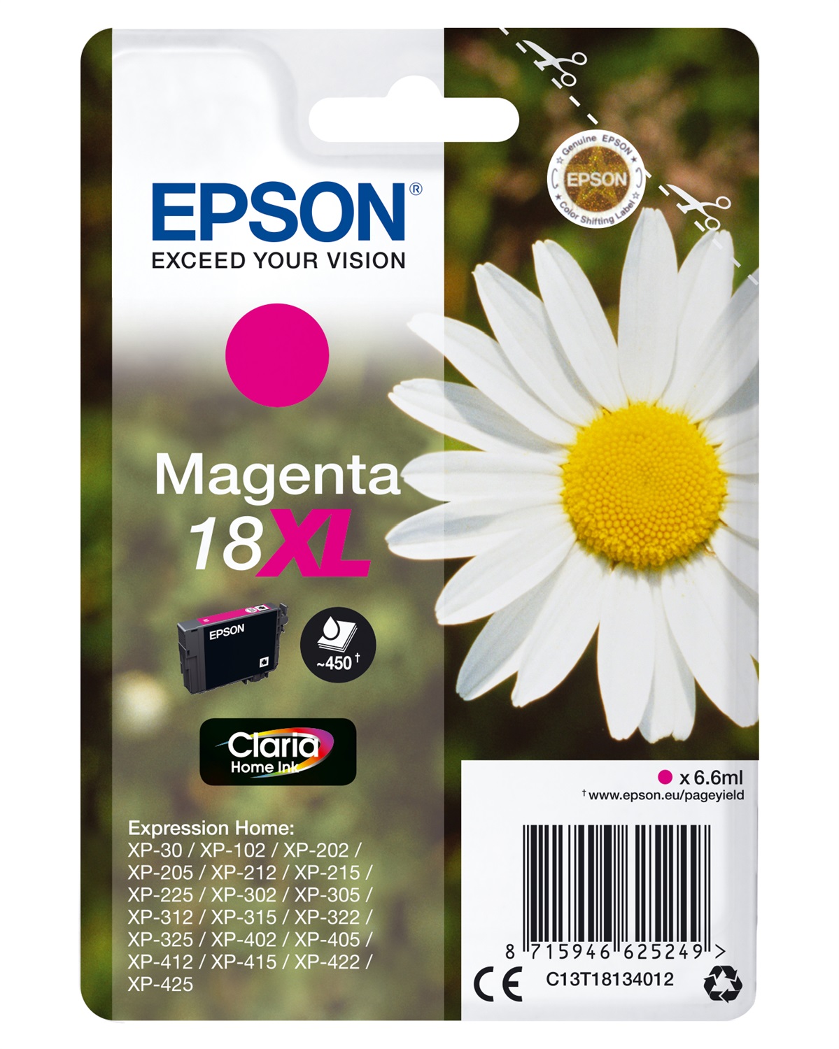 Epson C13T18134012 Cartuccia d'Inchiostro Magenta 18XL - 450 Pagine, 6,6 ml, Resa Elevata, Compatibile con Expression Home XP