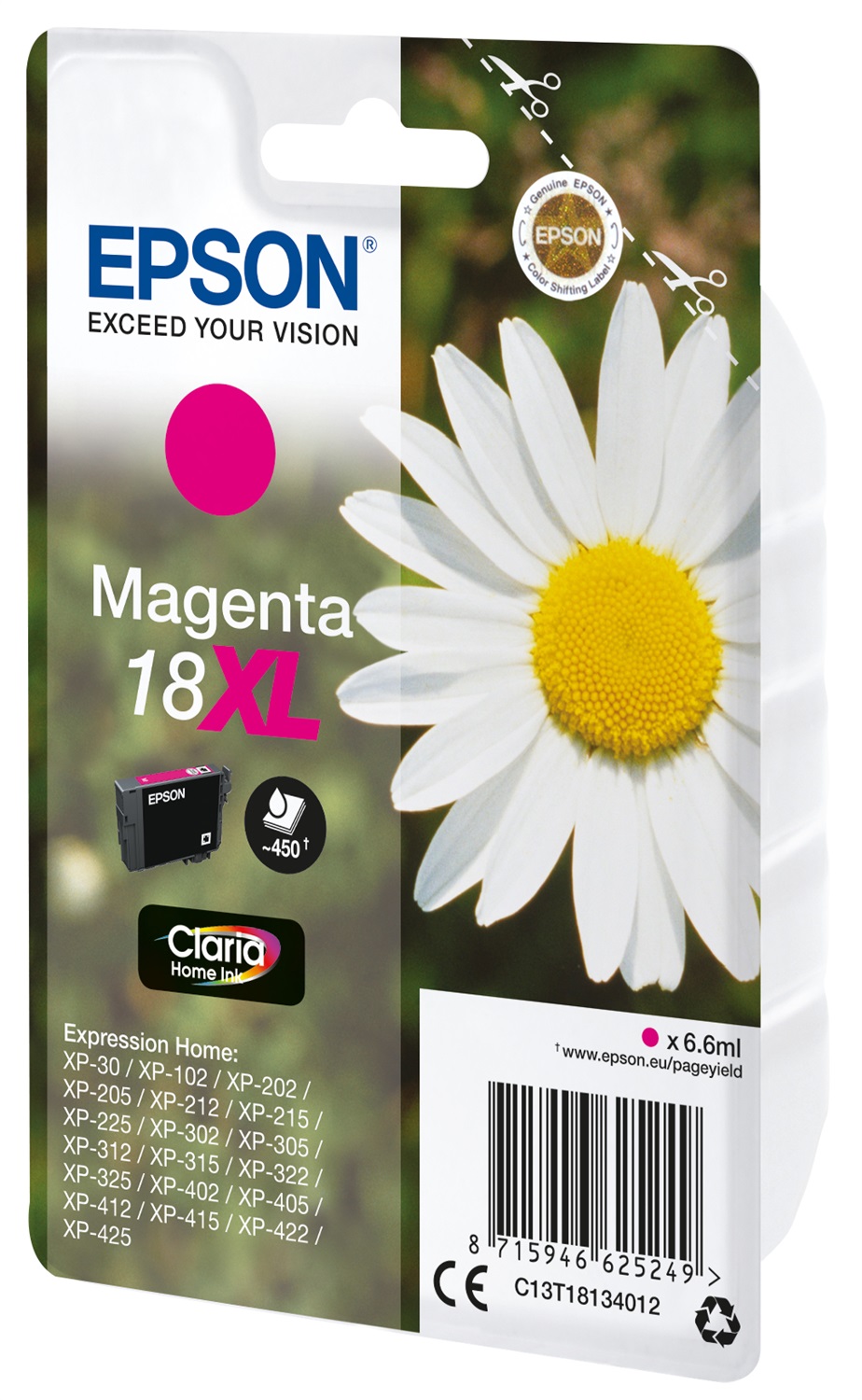 Epson C13T18134012 Cartuccia d'Inchiostro Magenta 18XL - 450 Pagine, 6,6 ml, Resa Elevata, Compatibile con Expression Home XP