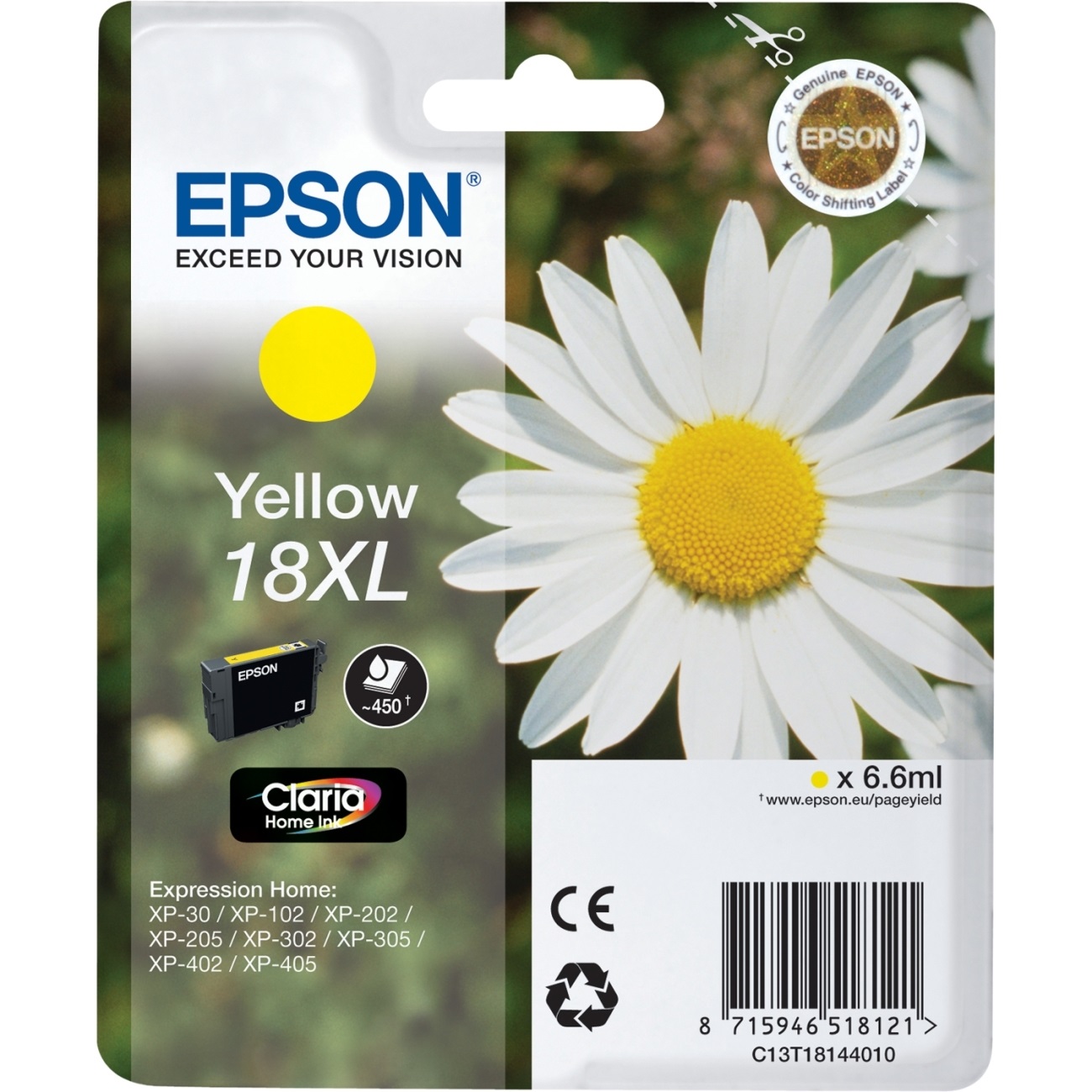 Epson Cartuccia d'Inchiostro Giallo C13T18144012 18XL - 450 Pagine, 6,6 ml, Resa Elevata (XL), Inchiostro a Base di Pigmento