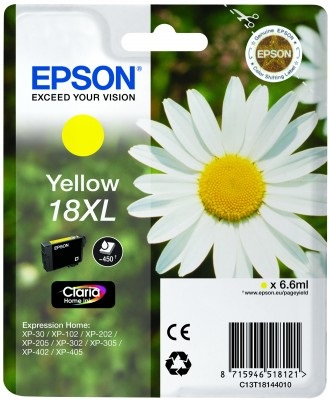 Epson Cartuccia d'Inchiostro Giallo C13T18144012 18XL - 450 Pagine, 6,6 ml, Resa Elevata (XL), Inchiostro a Base di Pigmento