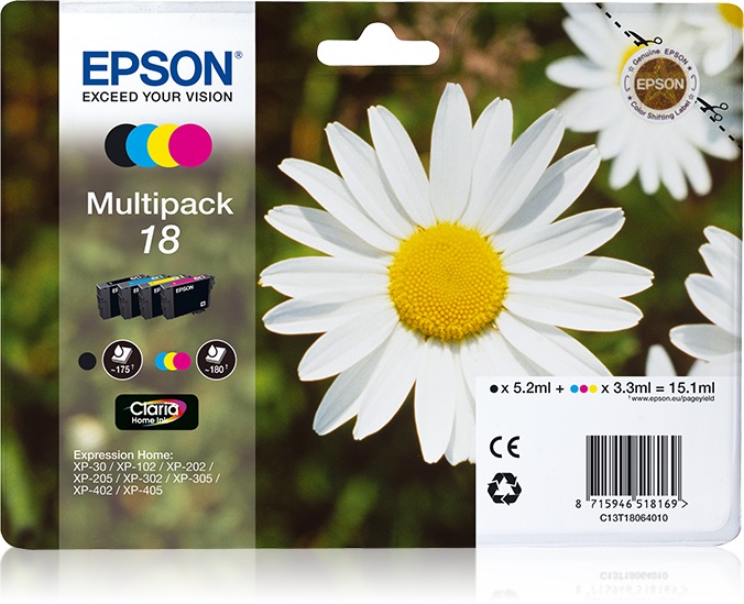 Epson Daisy Multipack T18 - 4 Cartucce Originali (Nero, Ciano, Magenta, Giallo) - C13T18064020