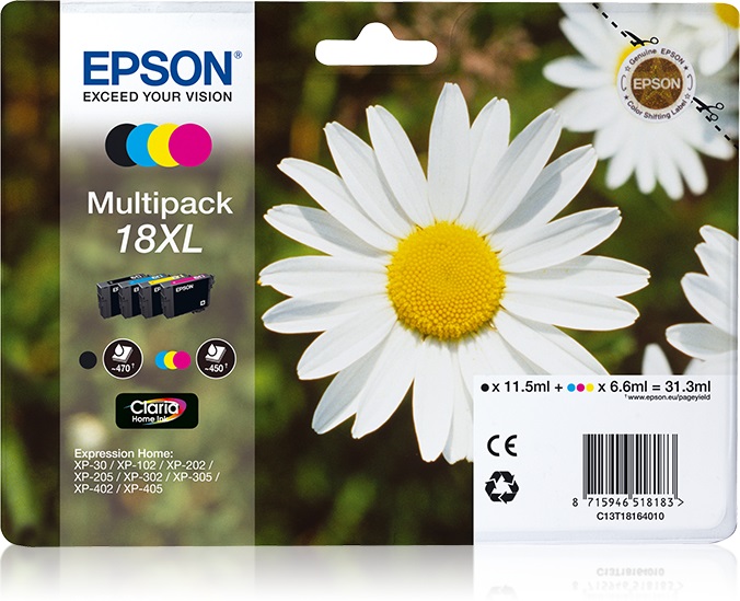 Epson C13T18164020 Multipack 18 XL - 4 Cartucce Nero, Ciano, Magenta, Giallo per Stampanti Epson Expression Home