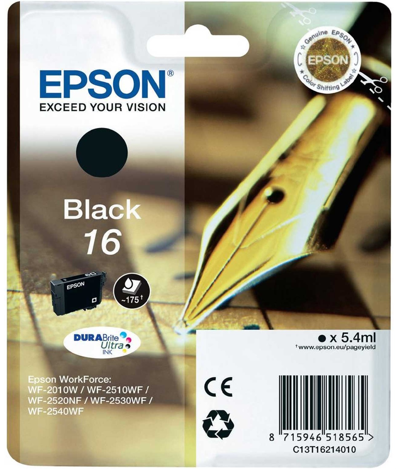 Epson Cartuccia d'Inchiostro Nero C13T16214012 - DURABrite Ultra - 5,4 ml - Circa 175 Pagine - Compatibile con WorkForce