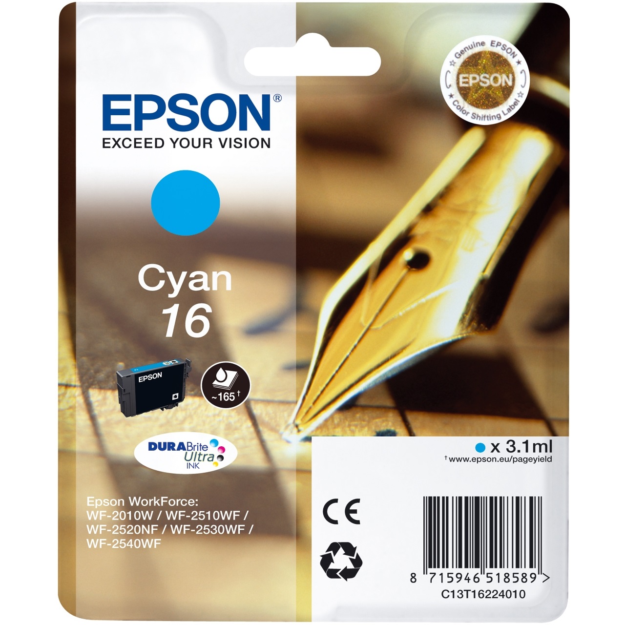Epson Cartuccia d'Inchiostro Ciano C13T16224012 - 3,1 ml, Resa di 165 Pagine, Compatibile con WorkForce